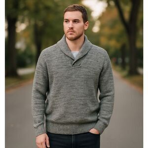 Weatherproof Vintage Chunky Knit Shawl Collar Pullover Sweater Gray Marled Men’s